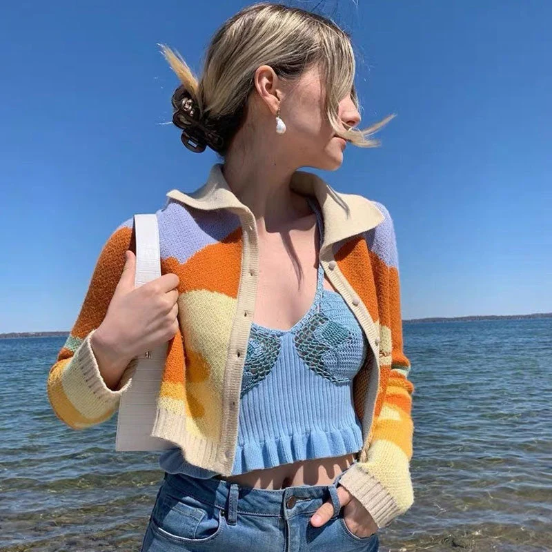 Abstract Sunset Pattern Collared Long Sleeve Cropped Cardigan - Orange - Image 3