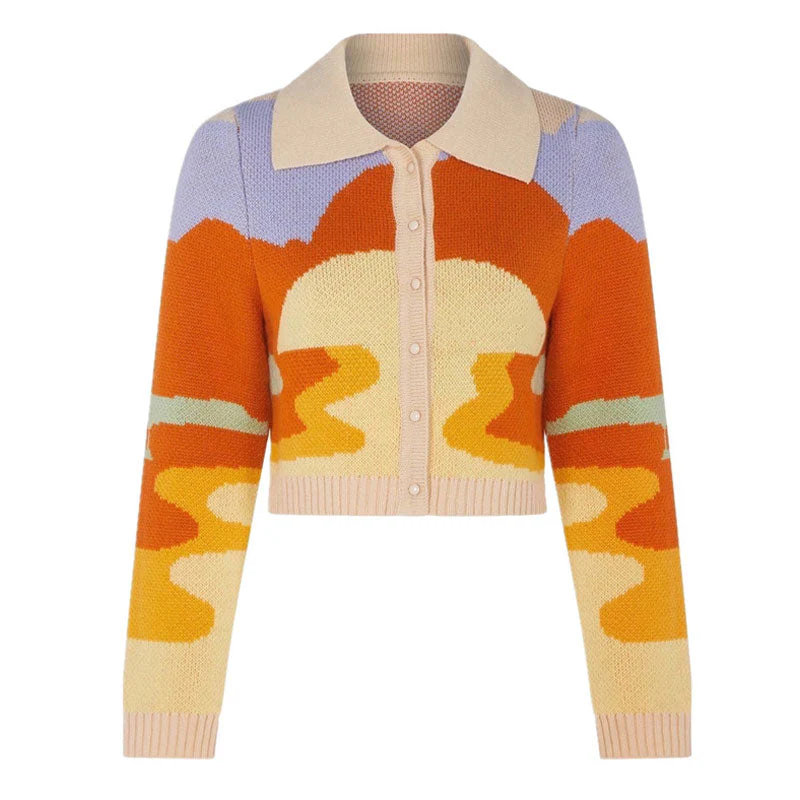 Abstract Sunset Pattern Collared Long Sleeve Cropped Cardigan - Orange - Image 4