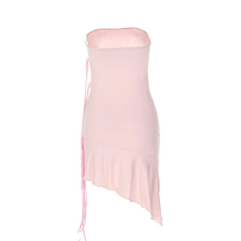 Solid Color Ribbon trim Ruffle Hem Strapless Mini Dress - Pink - Image 4