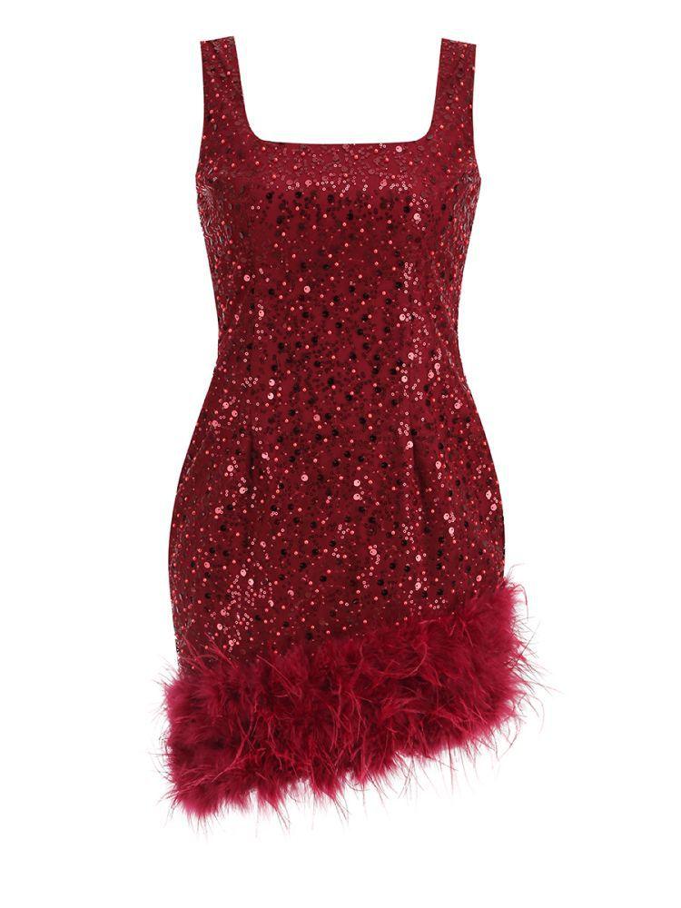 Araluen Sequin Feather Mini Dress In Wine - Image 6