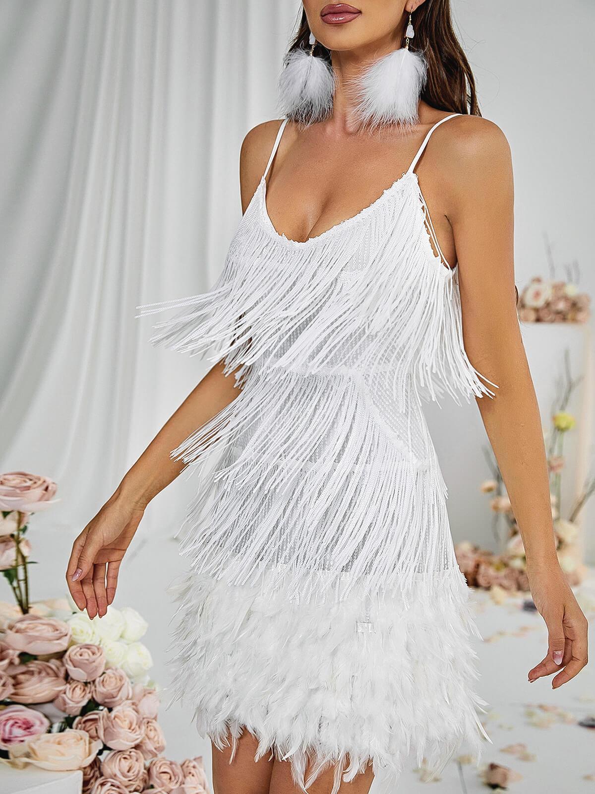 Austyn Tassel Feather Mini Dress In White - Image 5