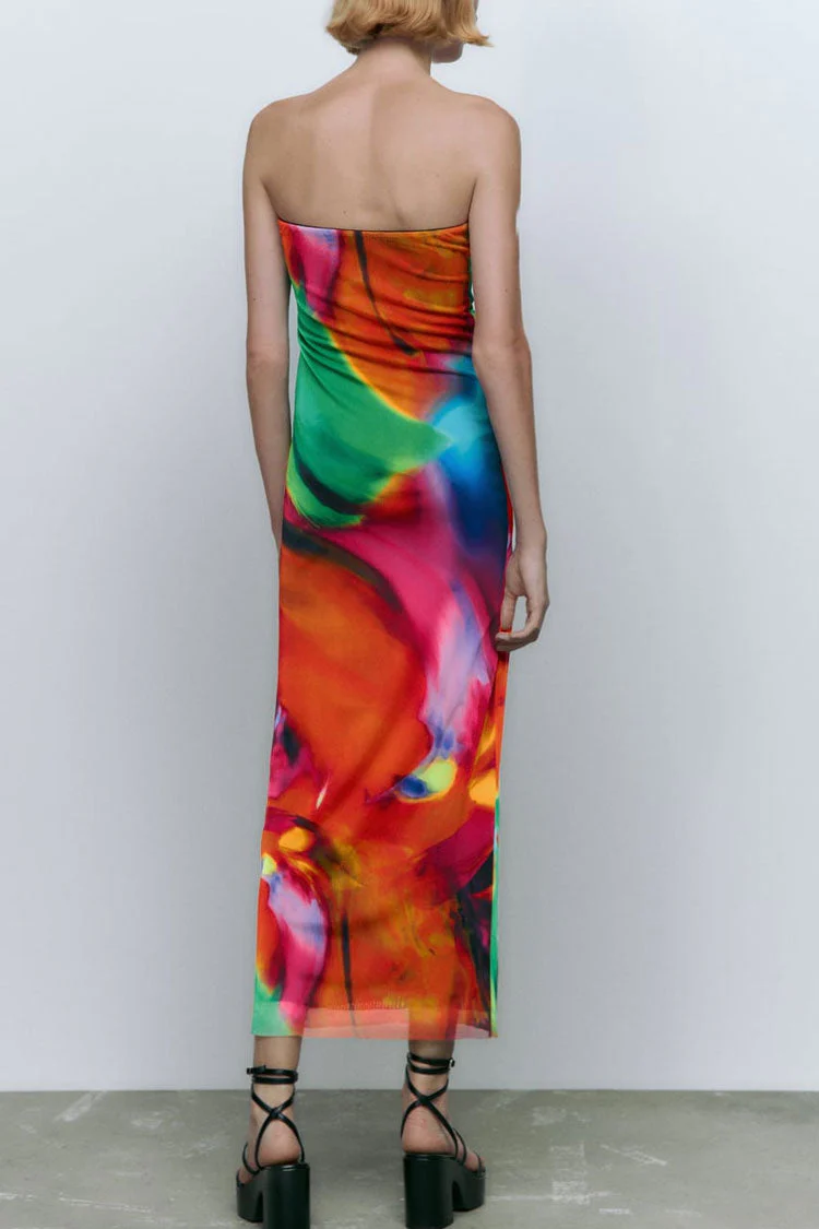 Bold Abstract Printed Summer Strapless Mesh Maxi Dress - Multicolor - Image 3
