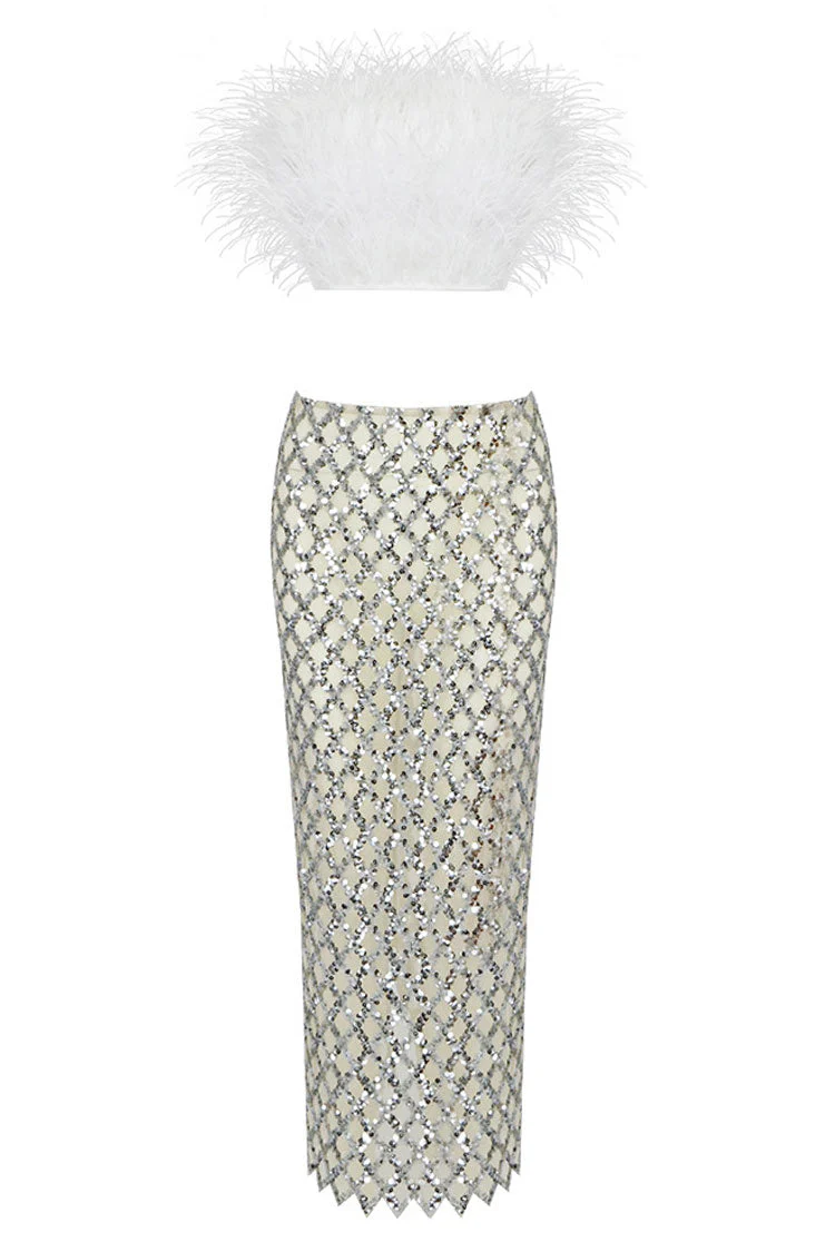 Classy Feather Strapless Top Sequin Midi Skirt Two Piece Dress - White - Image 4