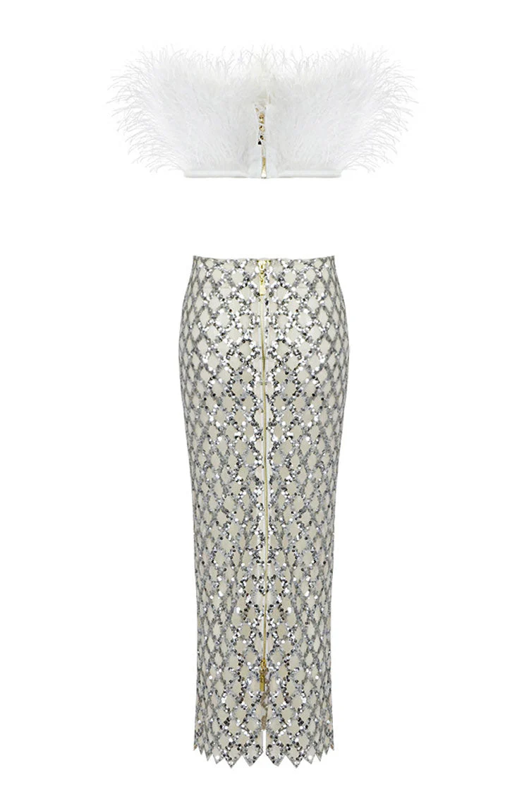 Classy Feather Strapless Top Sequin Midi Skirt Two Piece Dress - White - Image 5