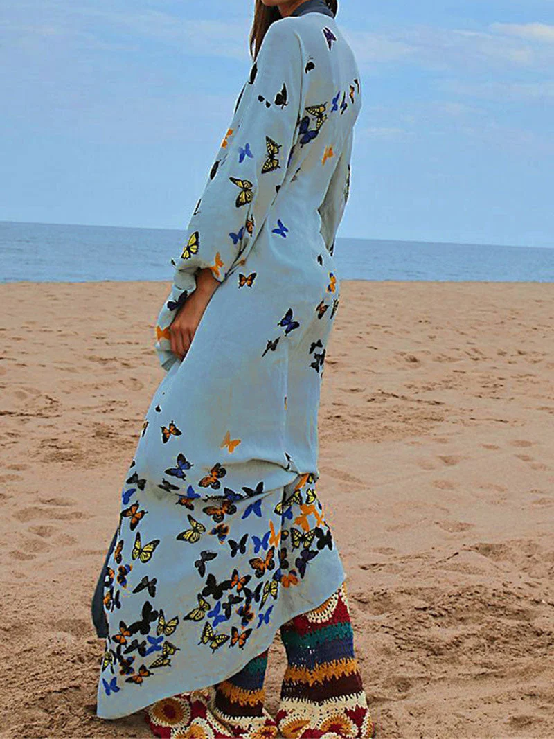 Bride to Be Butterfly Print Blue Color Cotton Long Length Gown Kimono Duster Robe - Image 4
