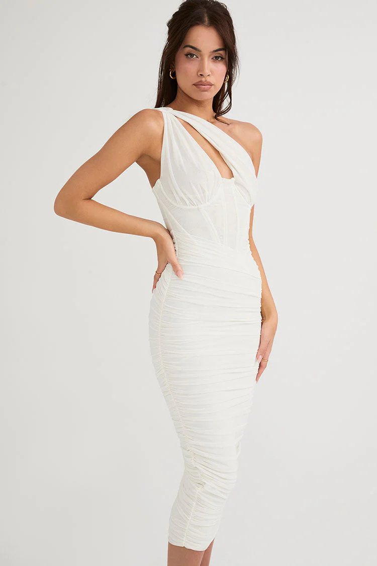 Cutout One Shoulder Ruched Bodycon Mesh Corset Midi Dress - White - Image 3
