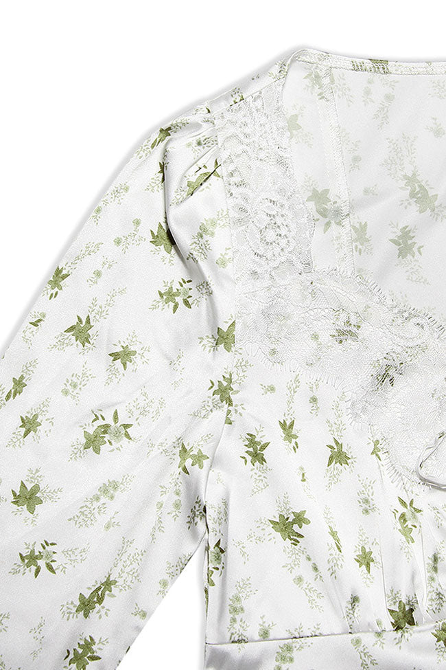 Floral Print Lace Trim Satin Top Mini Skirt Two Piece Dress - Green - Image 4