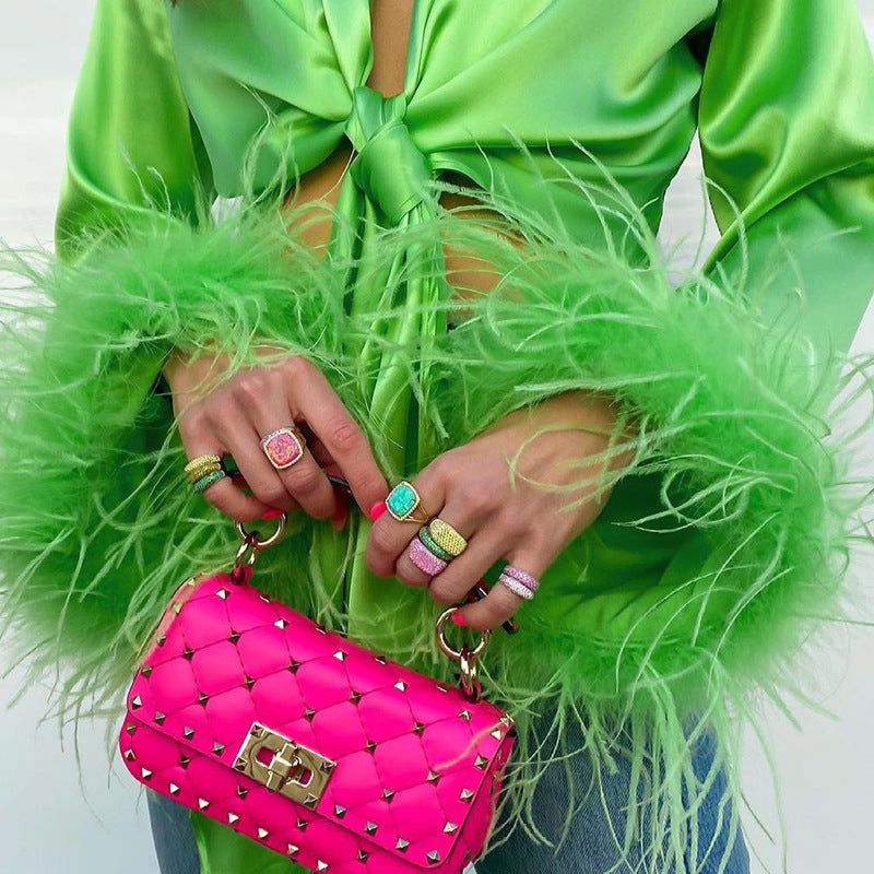 Good Vibes Feather Long Sleeve Satin Top - Image 3