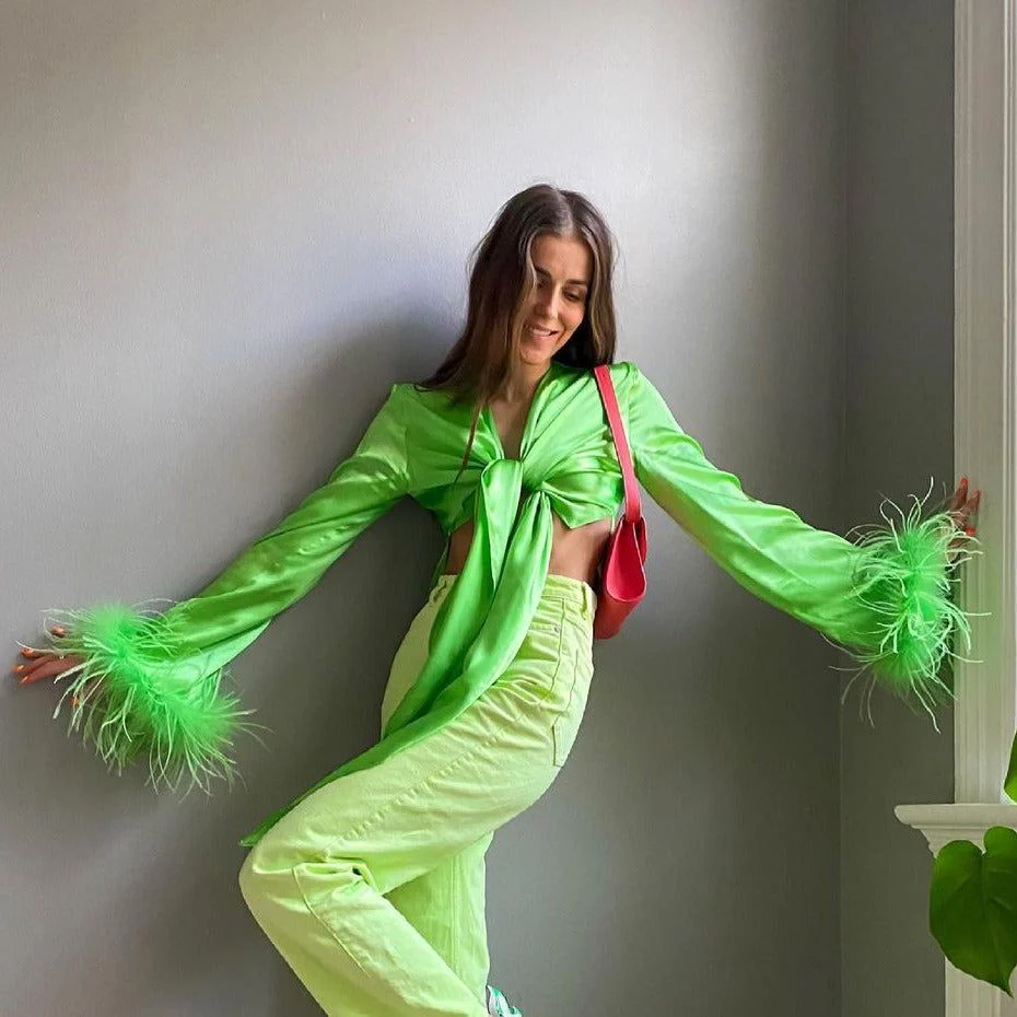 Good Vibes Feather Long Sleeve Satin Top - Image 4