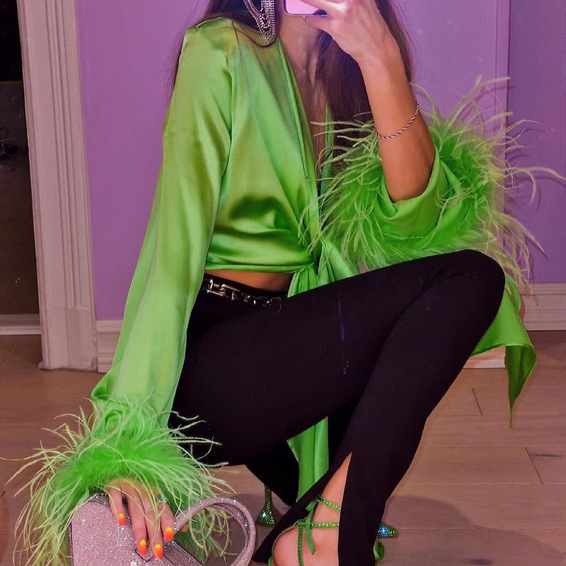 Good Vibes Feather Long Sleeve Satin Top - Image 6