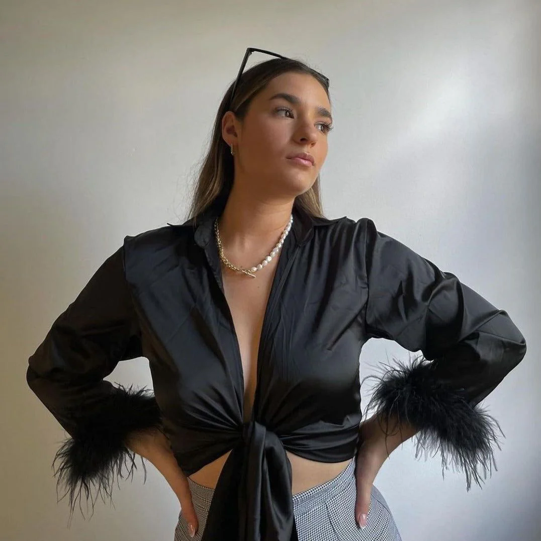 Good Vibes Feather Long Sleeve Satin Top - Image 7