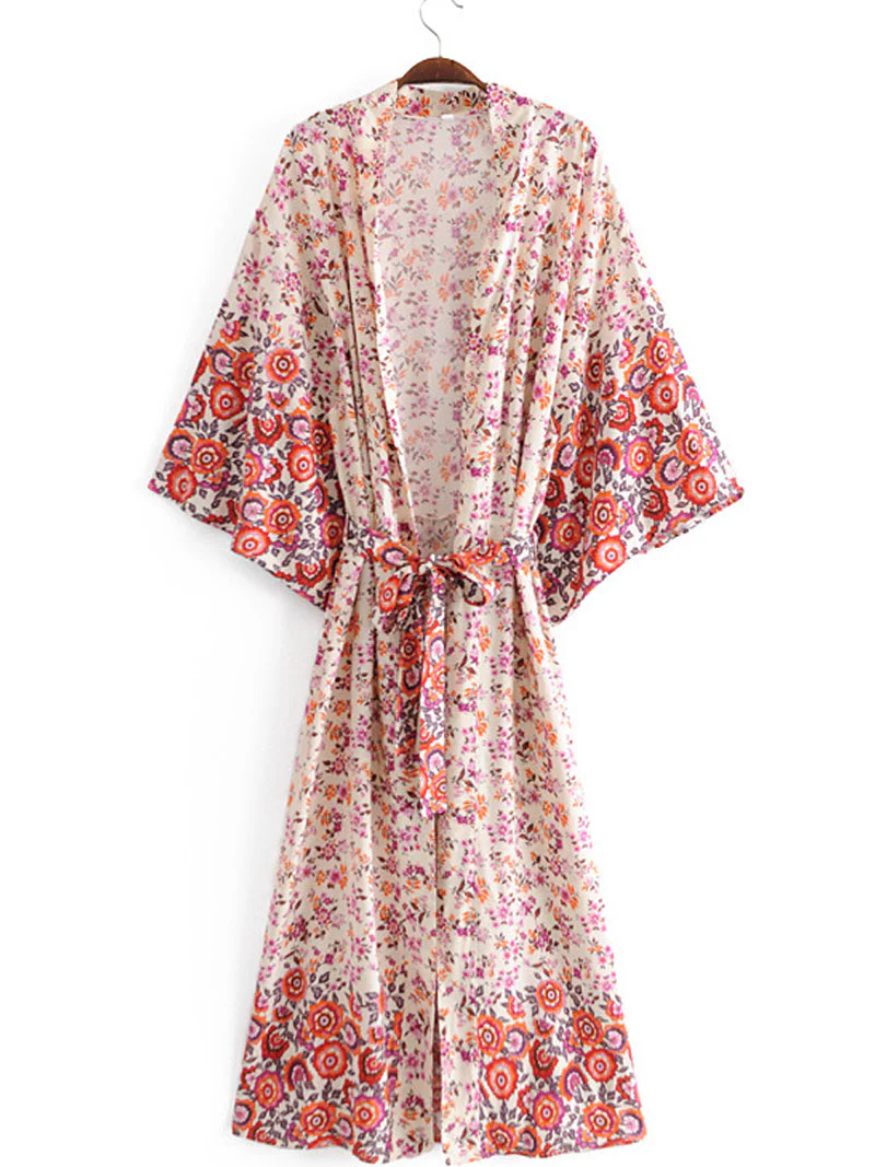 Bridal Party Wear Long Length With Floral Print Red Color Cotton Gown Kimono Duster - Image 3