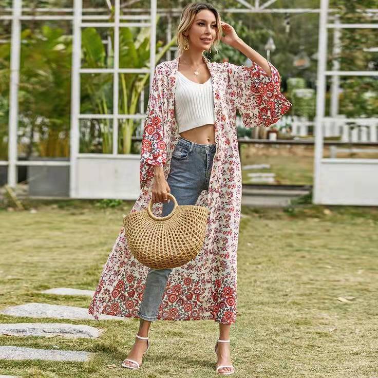 Bridal Party Wear Long Length With Floral Print Red Color Cotton Gown Kimono Duster - Image 4