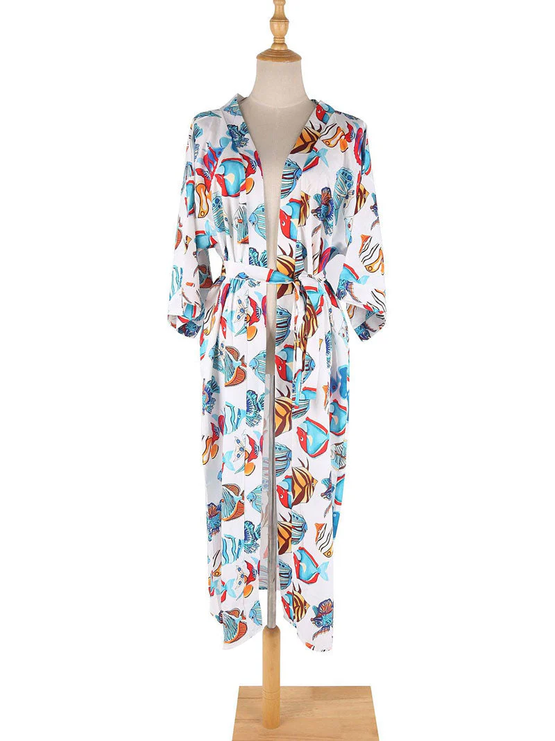 Swimwear Birds, Fish With Leaf Print Blue Color Cotton Long Length Gown Kimono - Image 3