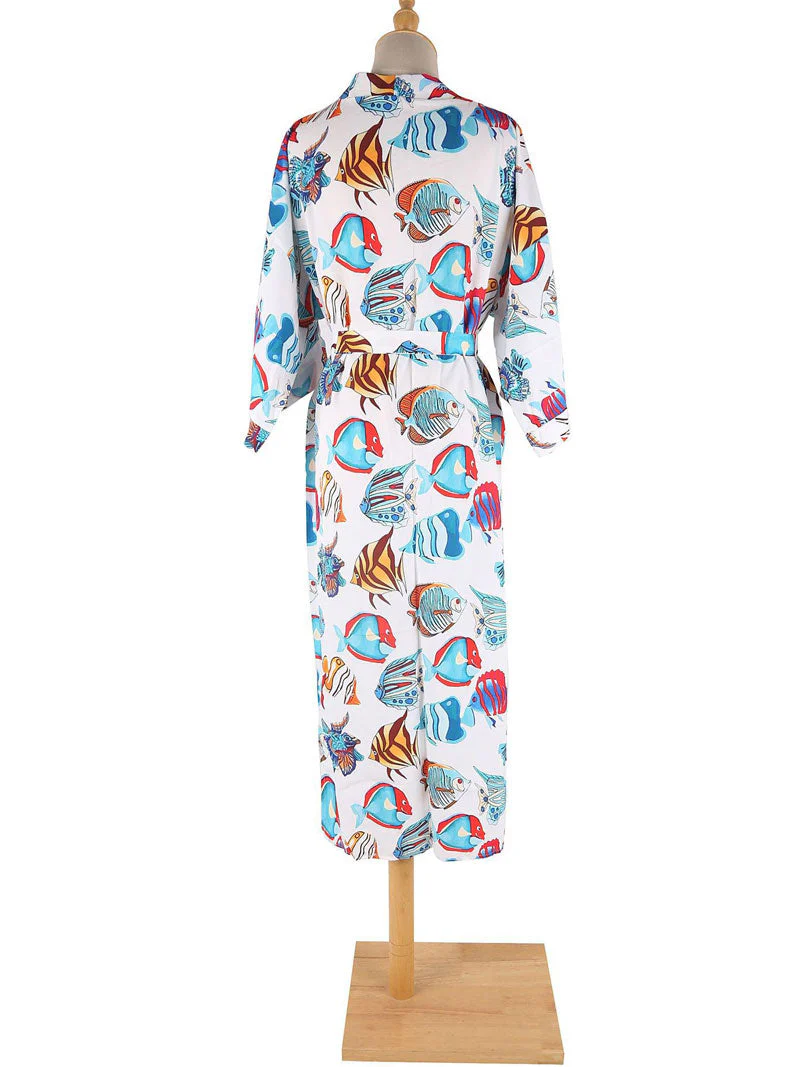 Swimwear Birds, Fish With Leaf Print Blue Color Cotton Long Length Gown Kimono - Image 4