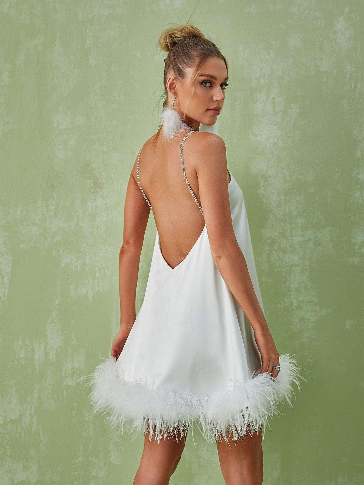 Kamaria Spaghetti Feather Mini Dress In White - Image 5