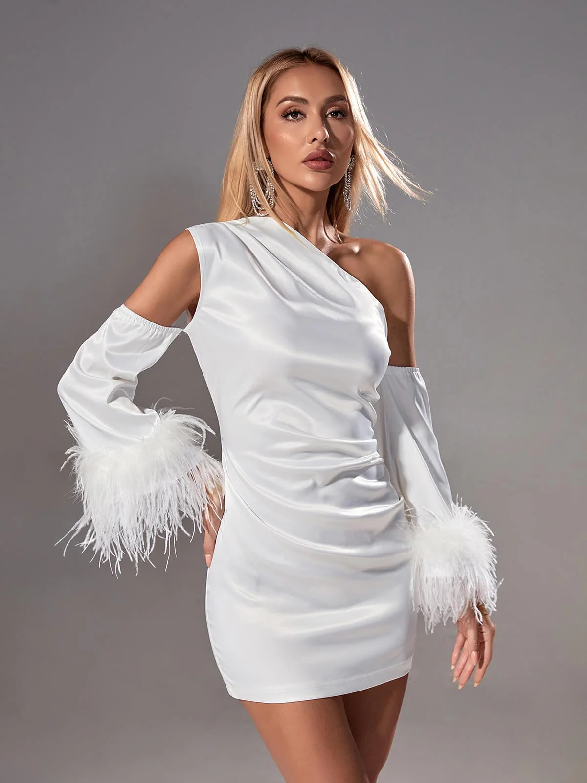 Klara Satin Feather Trimmed Mini Dress In White - Image 4