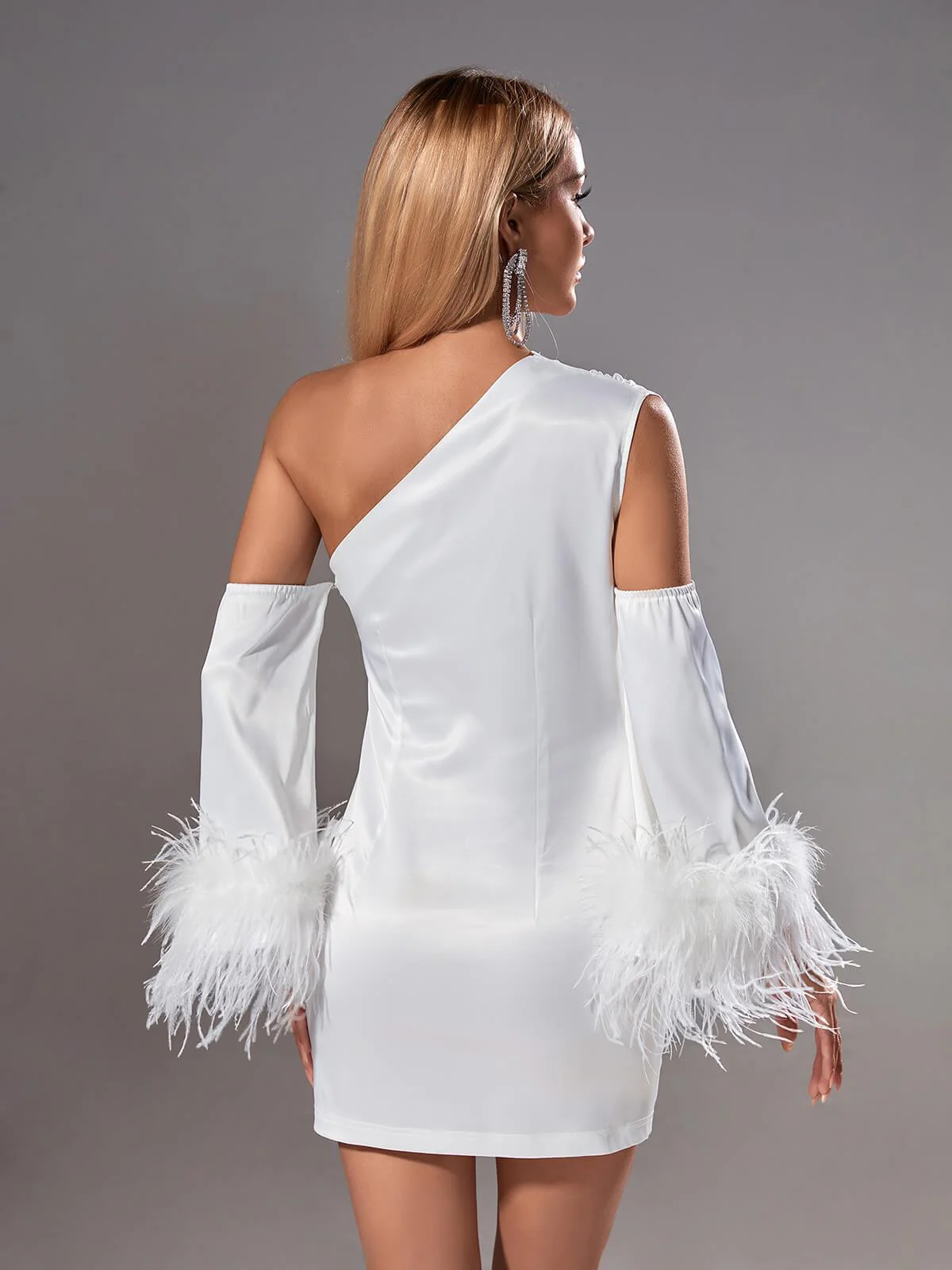 Klara Satin Feather Trimmed Mini Dress In White - Image 5