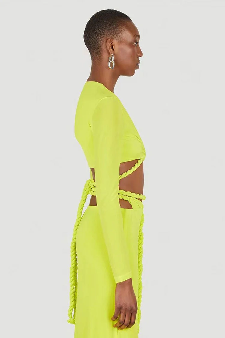 Long Sleeve Rope Wrap Top Split Skirt Two Piece Midi Dress - Lime Green - Image 3