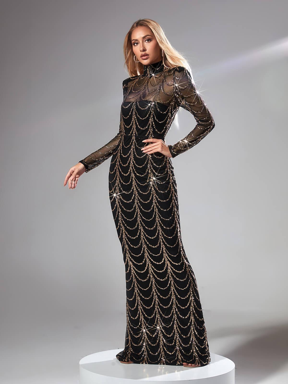 Melisande Long Sleeve Sequin Maxi Dress In Black - Image 3