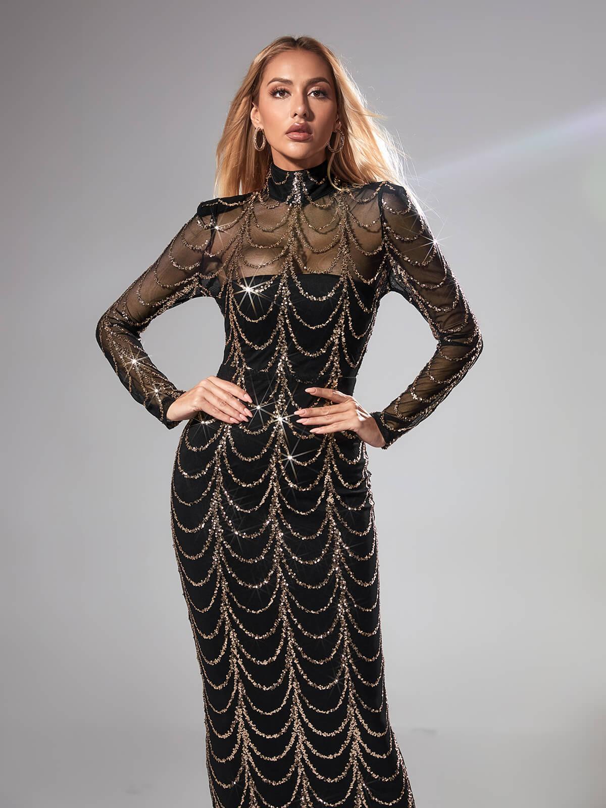 Melisande Long Sleeve Sequin Maxi Dress In Black - Image 4