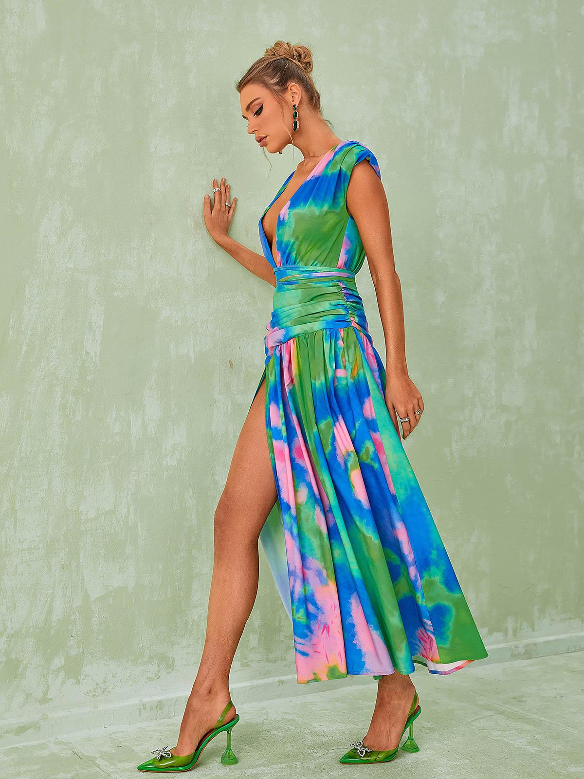 Monique Plunge Neck Split Printed Dress - Image 3