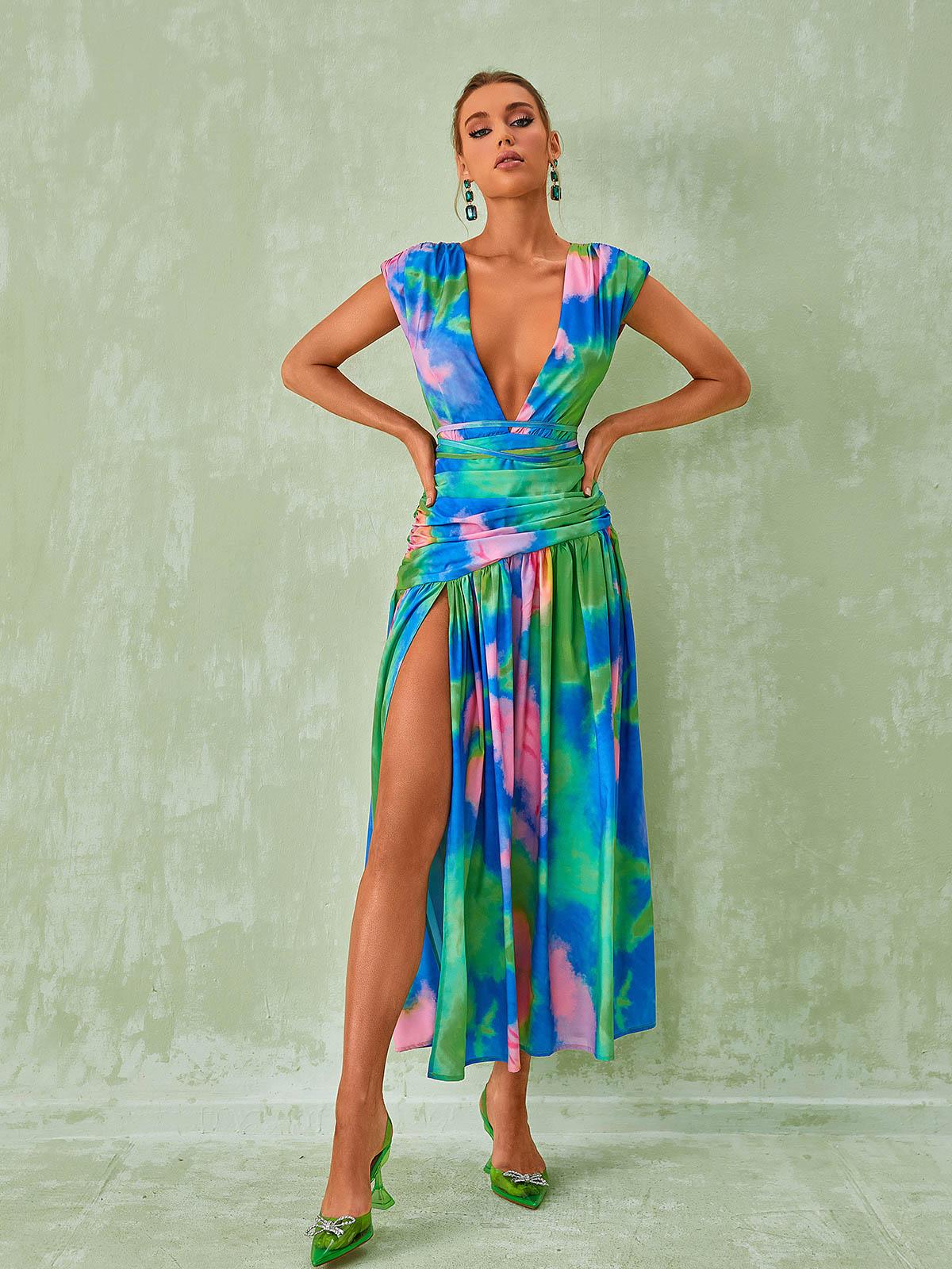Monique Plunge Neck Split Printed Dress - Image 4