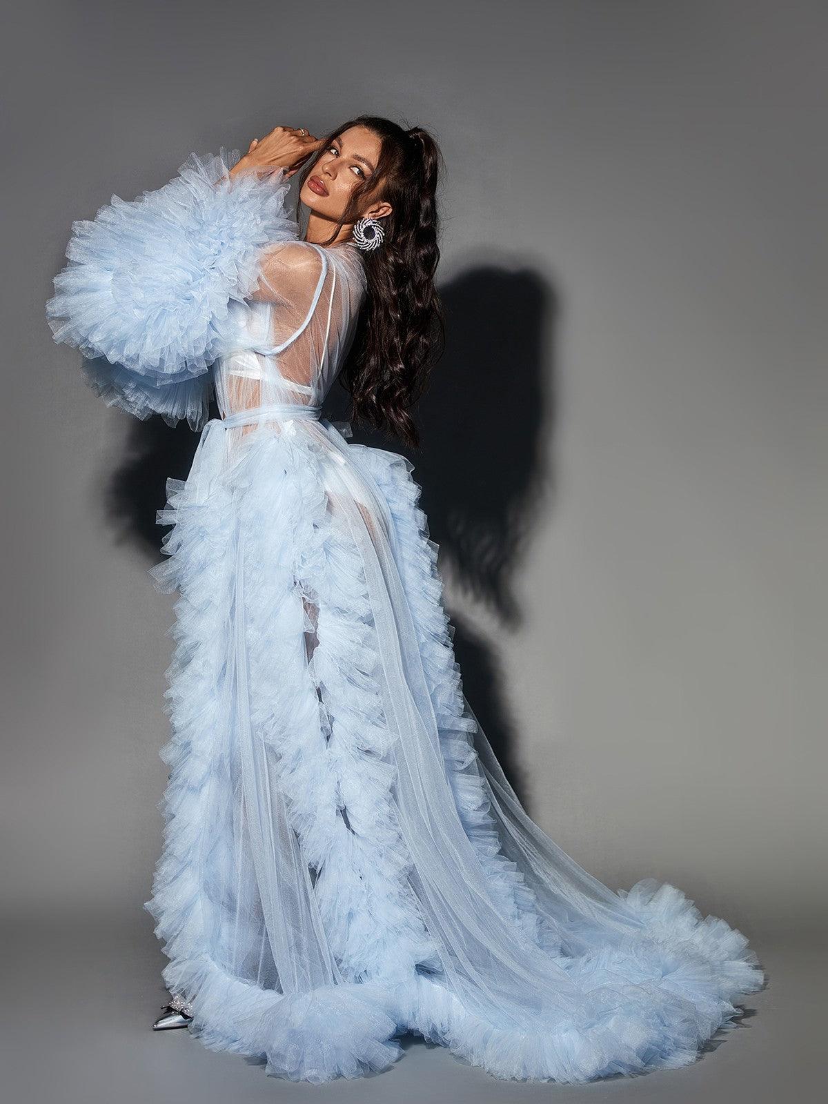 Nebula Long Sleeve Tulle Maxi Dress In Sky - Image 5
