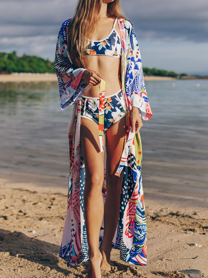Beachwear & Swimwear Polyester Kimono Floral Print With Doll Print On Back Multicolor Color Long Length Gown Kimono Duster Robe - Image 3