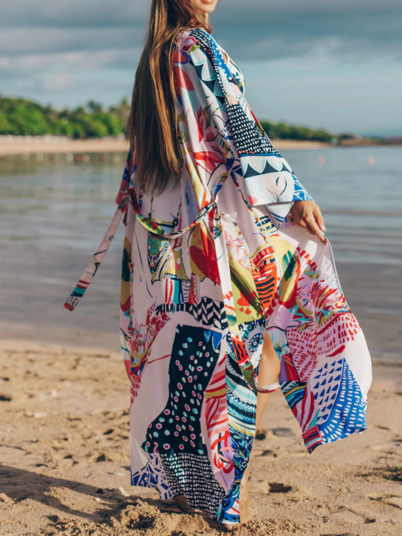 Beachwear & Swimwear Polyester Kimono Floral Print With Doll Print On Back Multicolor Color Long Length Gown Kimono Duster Robe - Image 4
