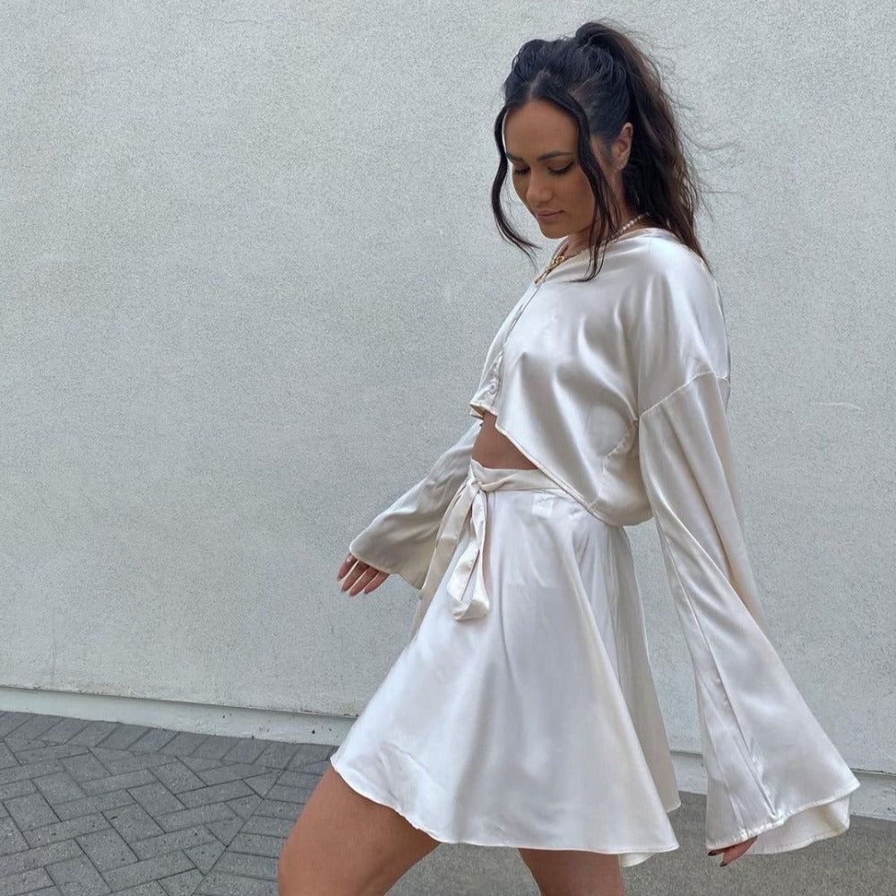 Paradise City Button Front Satin Blouse & Self Belted Skirt Set - Image 11