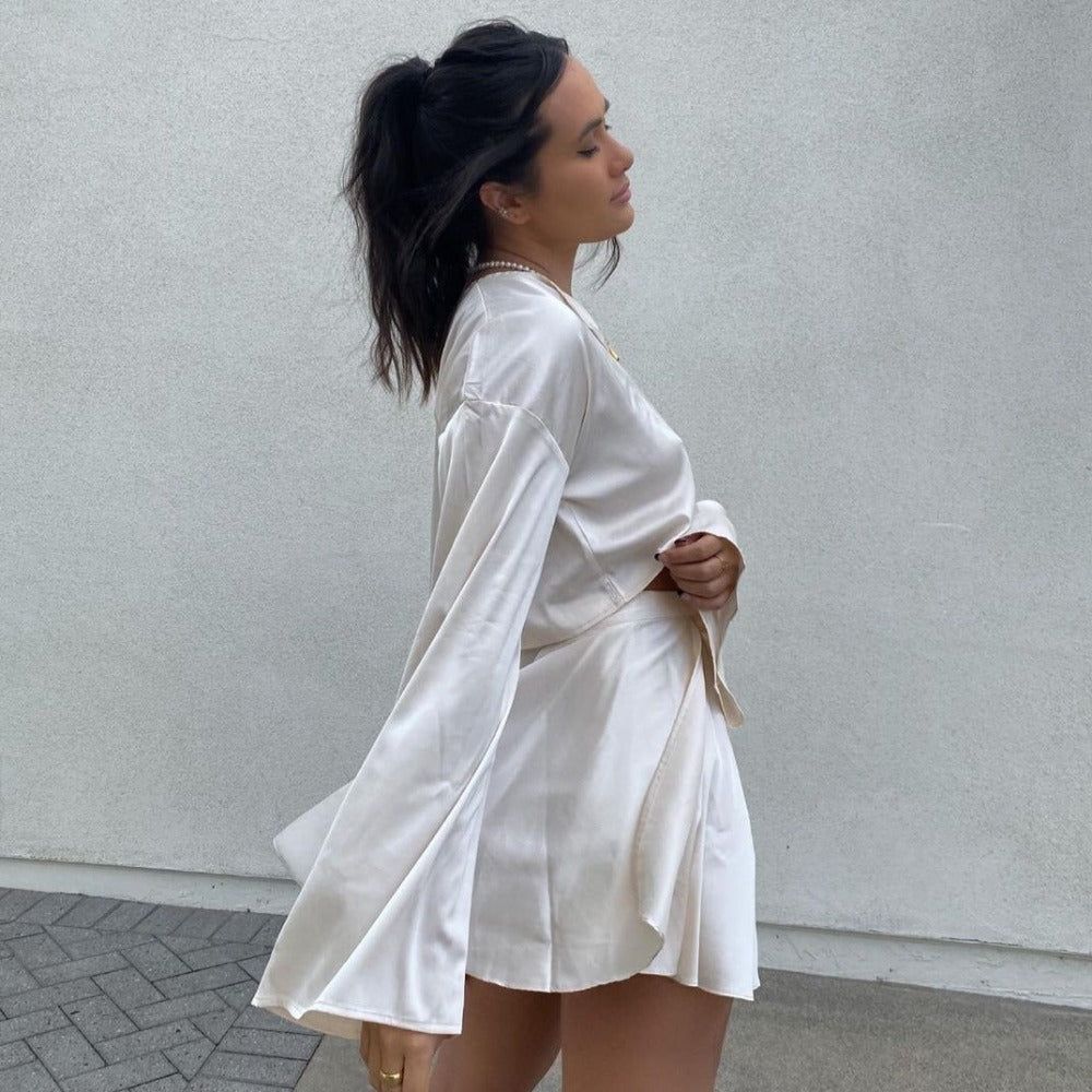 Paradise City Button Front Satin Blouse & Self Belted Skirt Set - Image 12