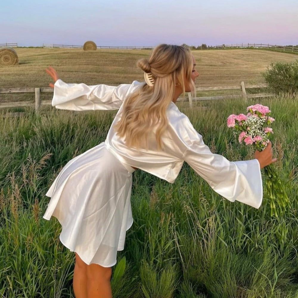 Paradise City Button Front Satin Blouse & Self Belted Skirt Set - Image 3