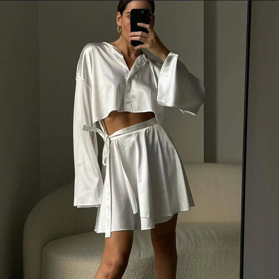 Paradise City Button Front Satin Blouse & Self Belted Skirt Set - Image 8