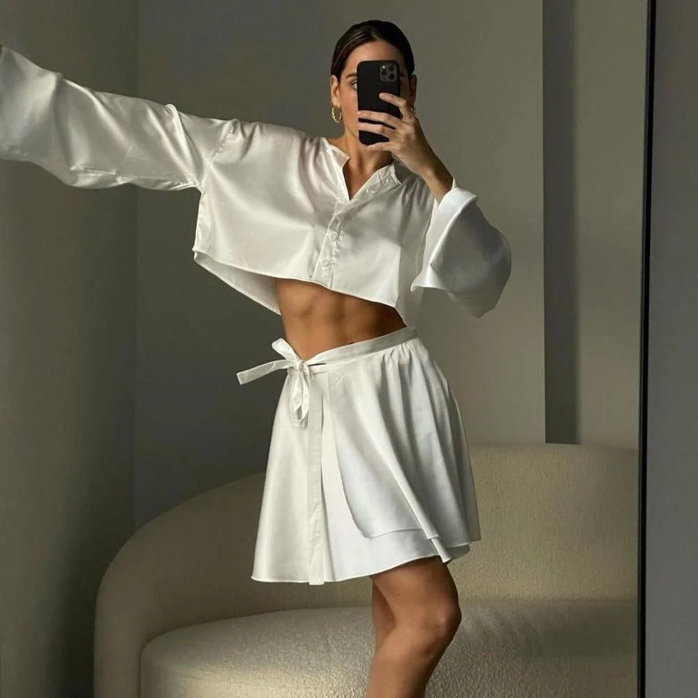 Paradise City Button Front Satin Blouse & Self Belted Skirt Set - Image 9