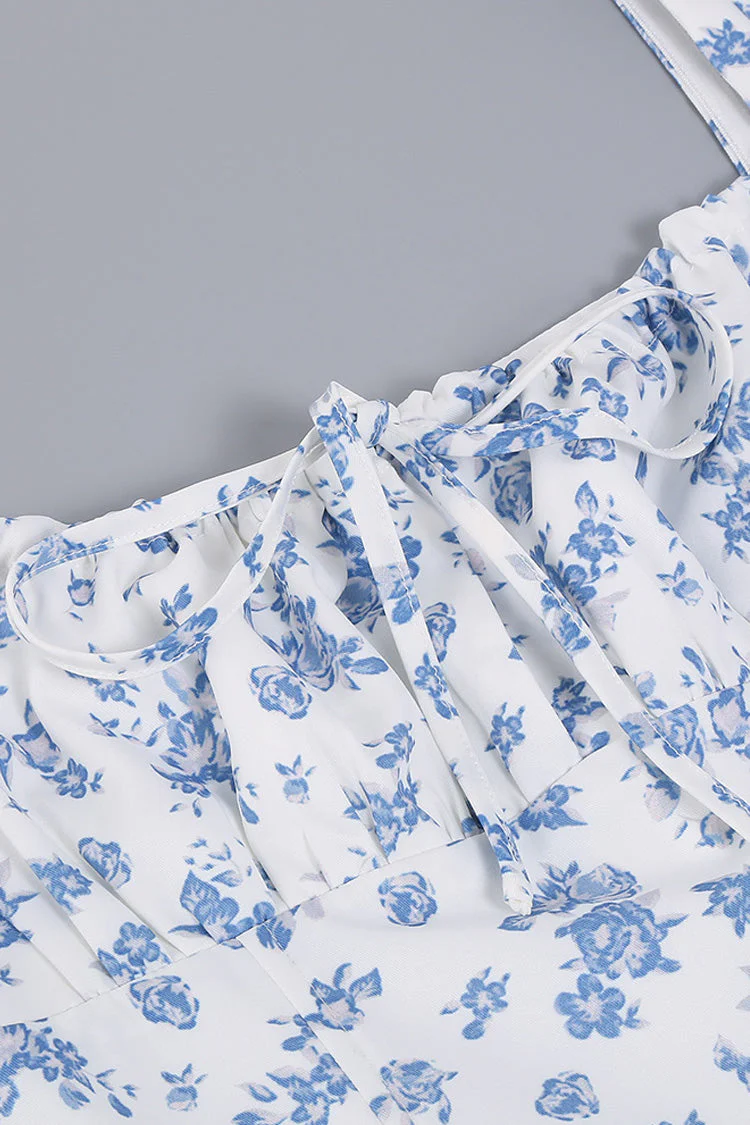 Puff Sleeve Ditsy Floral Tie Front High Slit Midi Dress - Blue - Image 3