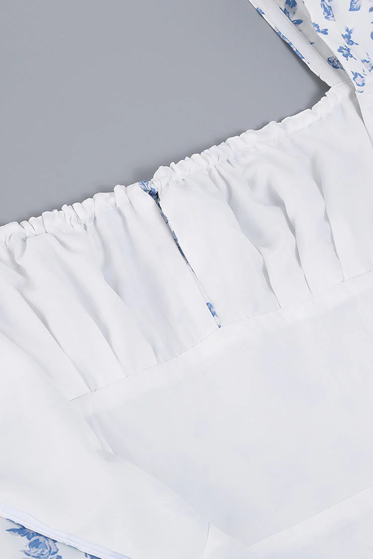 Puff Sleeve Ditsy Floral Tie Front High Slit Midi Dress - Blue - Image 4