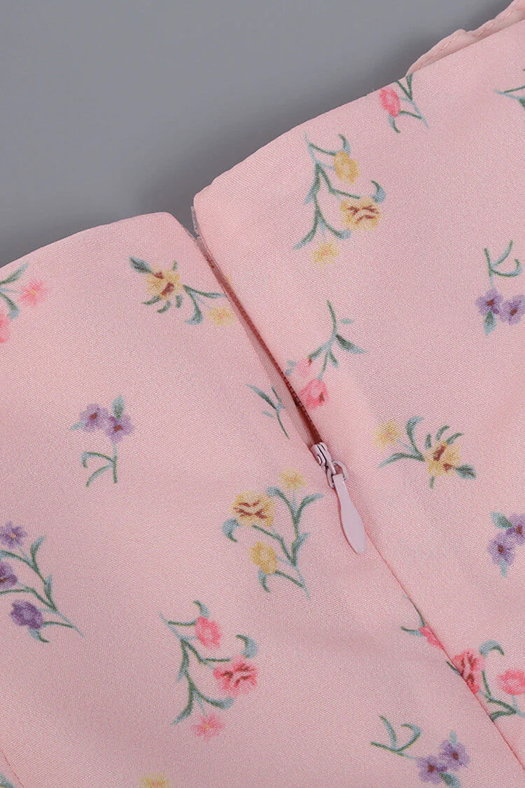 Puff Sleeve Ditsy Floral Tie Front High Slit Midi Dress - Pink - Image 3