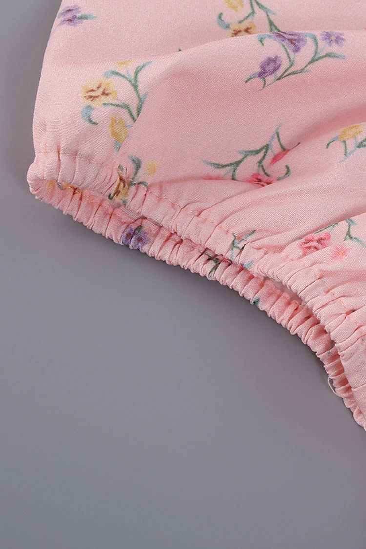 Puff Sleeve Ditsy Floral Tie Front High Slit Midi Dress - Pink - Image 4