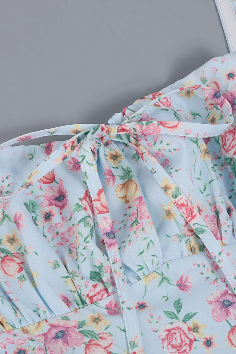 Puff Sleeve Ditsy Floral Tie Front High Slit Midi Dress - Sky Blue - Image 3