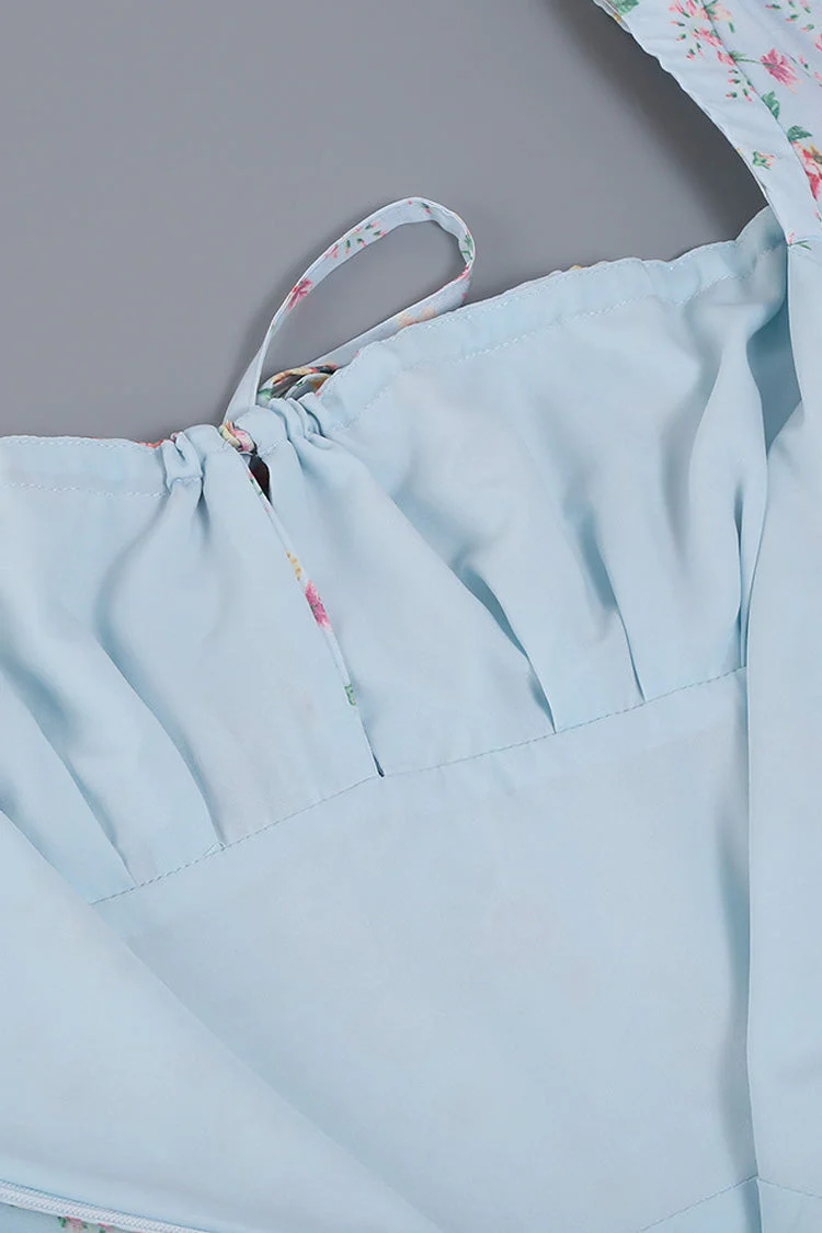 Puff Sleeve Ditsy Floral Tie Front High Slit Midi Dress - Sky Blue - Image 4