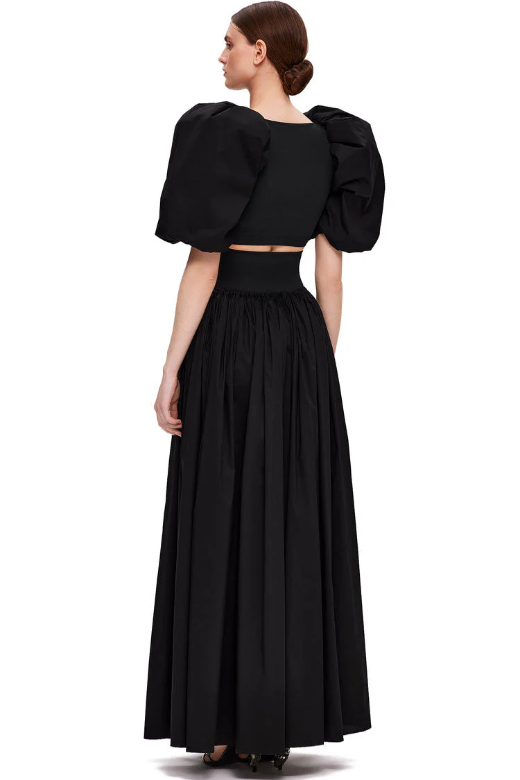 Puffl Sleeve Crop High Waist High Split Two Piece Maxi Dress - Black - Image 3