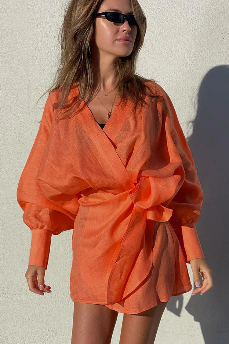 Relaxed Balloon Sleeve Bow Side Linen Wrap Mini Dress - Burnt Orange - Image 3