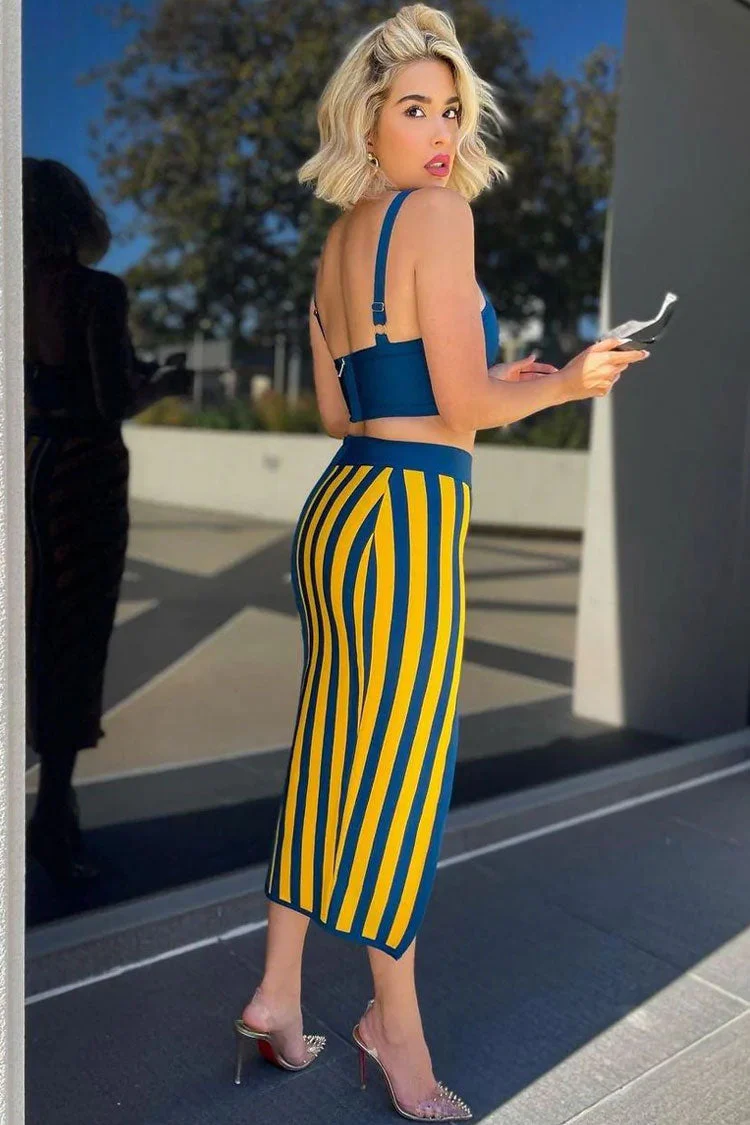 Retro Crop Tank High Waist Front Split Skirt Two Piece Midi Dress - Stripe - Image 3