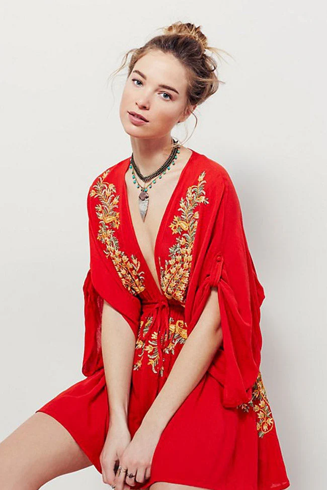 Retro Embroidered Deep V Sleeved Boho Style Mini Dress - Red - Image 3