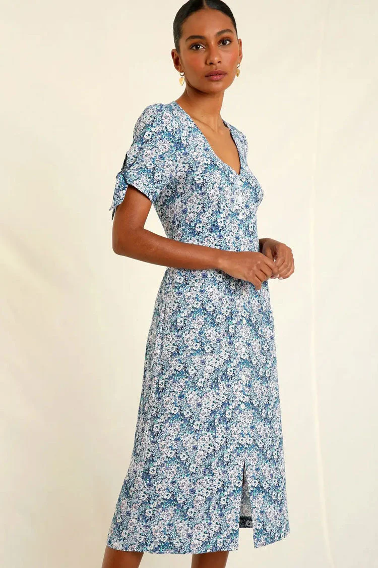 Retro Floral Print Tie Sleeve Button Up French Shirt Midi Dress - Blue - Image 3