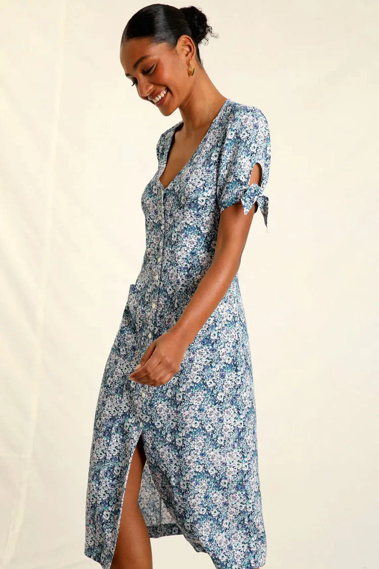 Retro Floral Print Tie Sleeve Button Up French Shirt Midi Dress - Blue - Image 4
