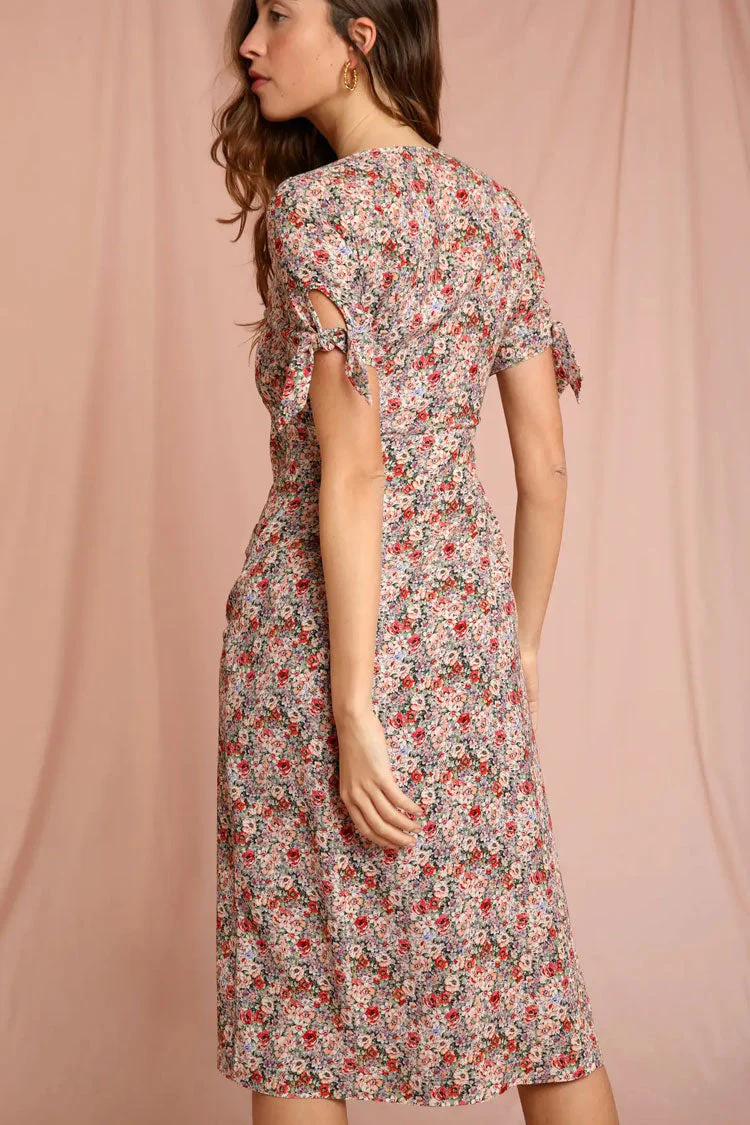 Retro Floral Print Tie Sleeve Button Up French Shirt Midi Dress - Red - Image 3