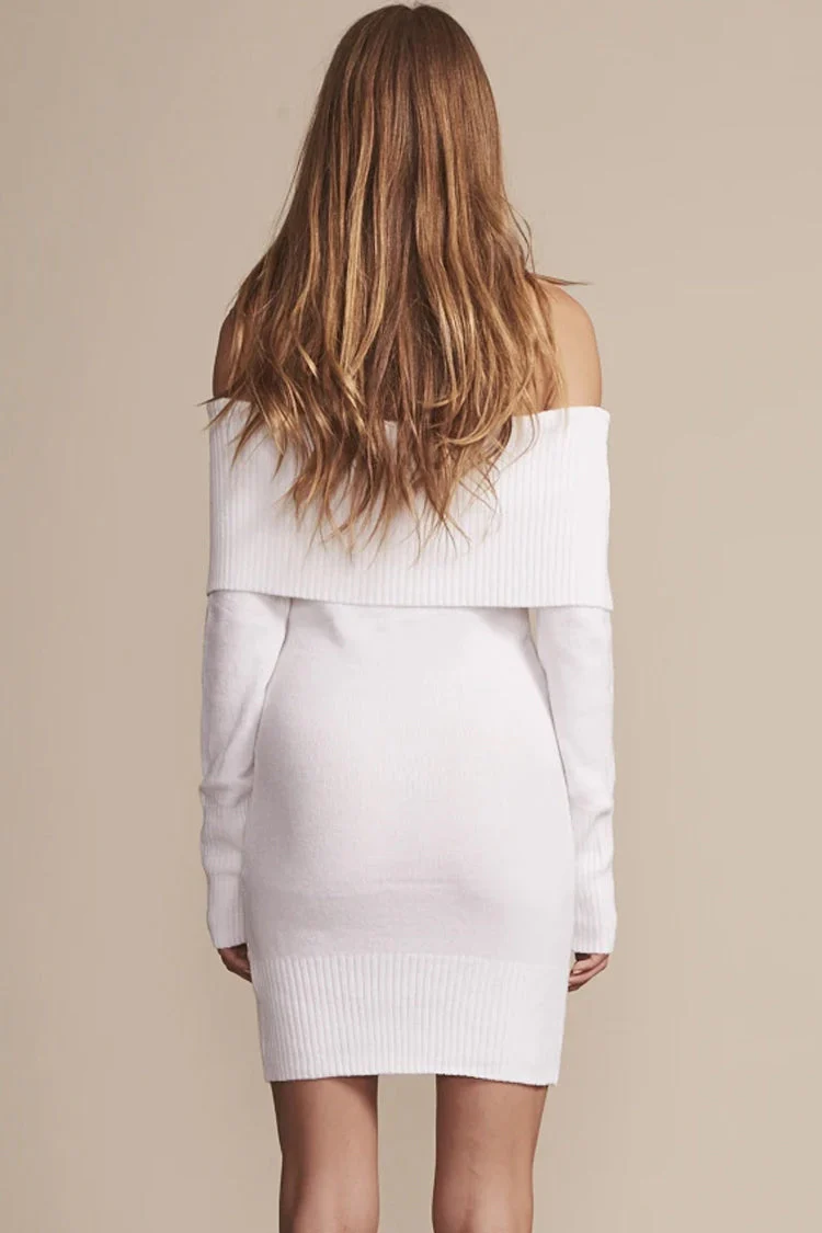 Ribbed Long Sleeve Draped Off Shoulder Mini Sweater Dress - White - Image 3