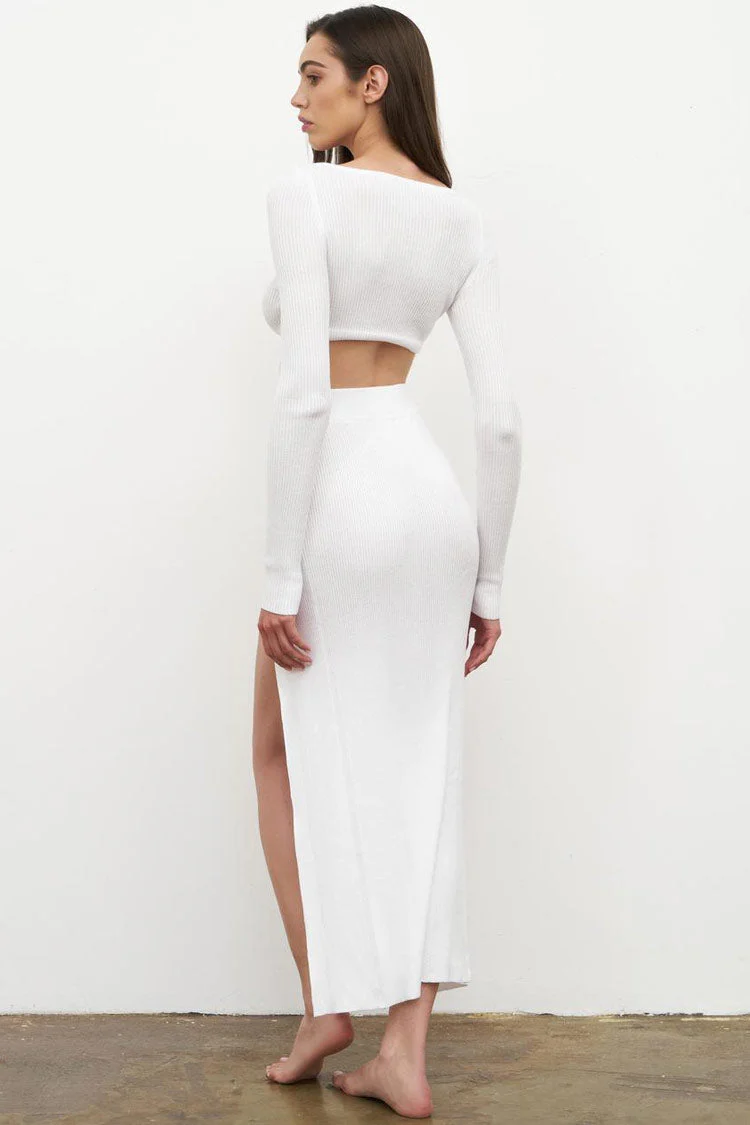 Ribbed Long Sleeve High Slit Two Piece Dress - White - Image 3